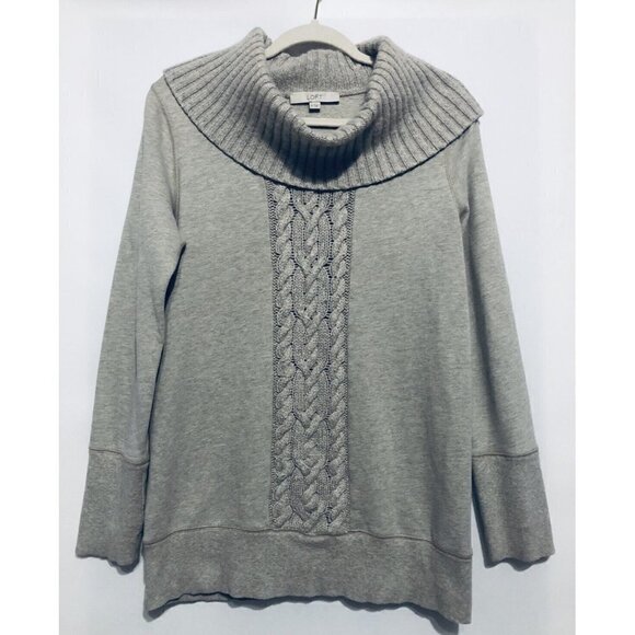 Ann Taylor Loft Womens Medium Beige Mixed Media Sweatshirt Cowl Neck Cable Knit - Picture 1 of 6